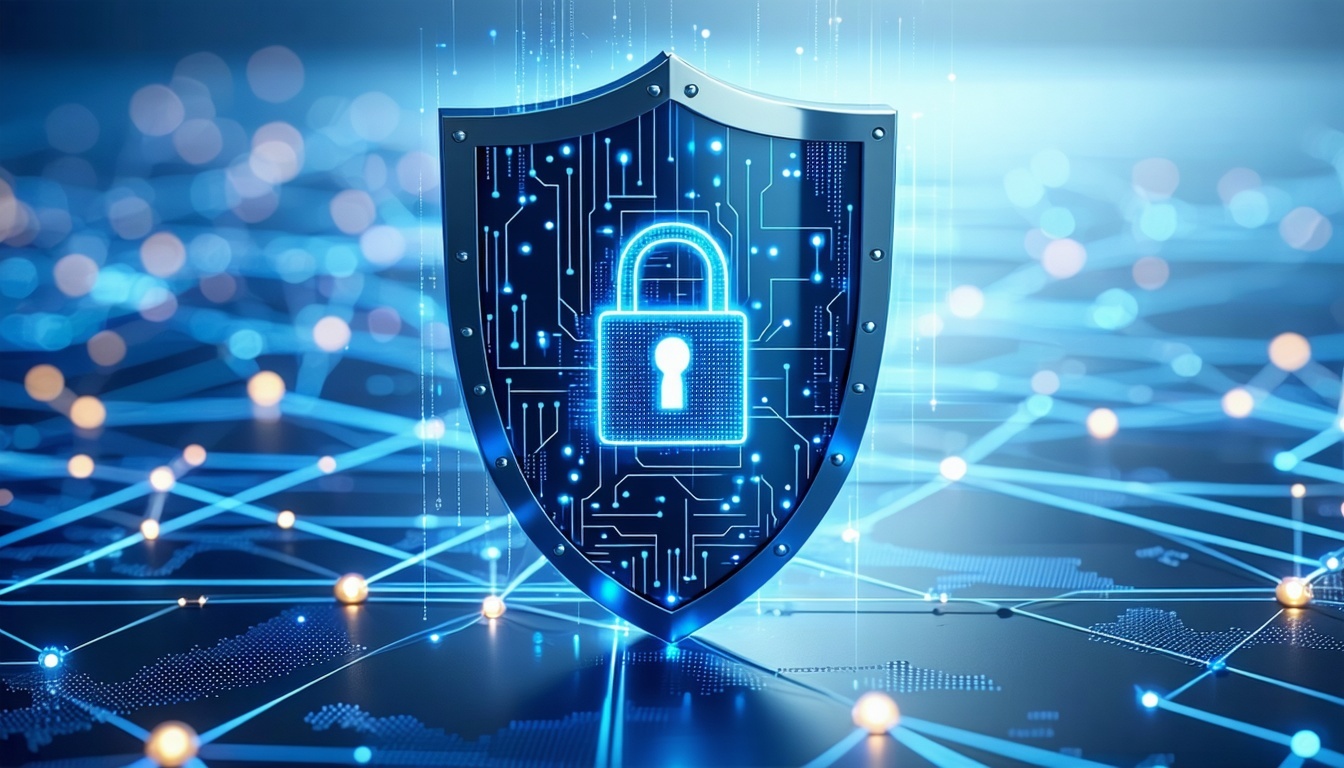 A digital shield symbolizing cybersecurity protection over a network of data streams